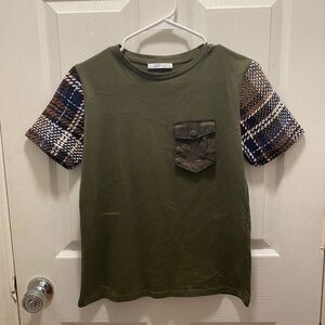 Zara womens olive green tweed sleeve mixed media shirt